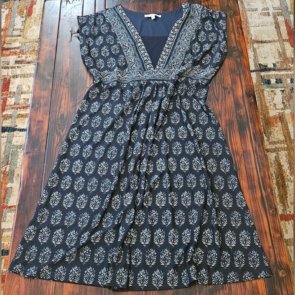 NorthStyle Blue Patterned Stretch Jersey Fit & Flare Dress Sz L